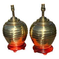 Vintage Brass Beehive Ginger Jar Lamps on Wooden Bases, a Pair