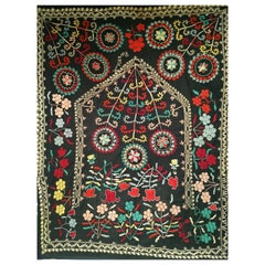Antique Hand Embroidered Uzbek Suzani Textile Wall Art in Prayer Rug Design