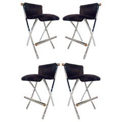 Midcentury Style Daystrom Set of 4 Chrome Bar Stools, Wood, Ultrasuede