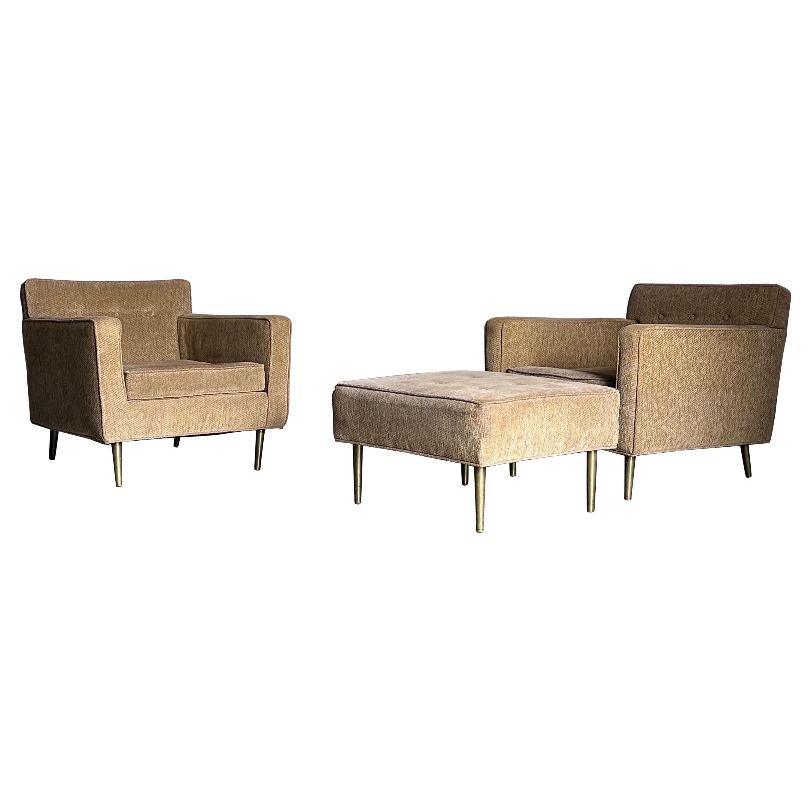 Edward Wormley for Dunbar Brass Leg Lounge Chairs and Ottoman For Sale