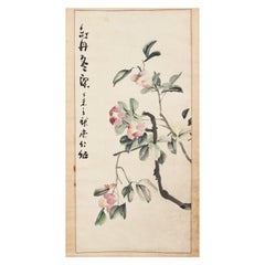 Pintura china en pergamino colgante de camelias firmada y fechada