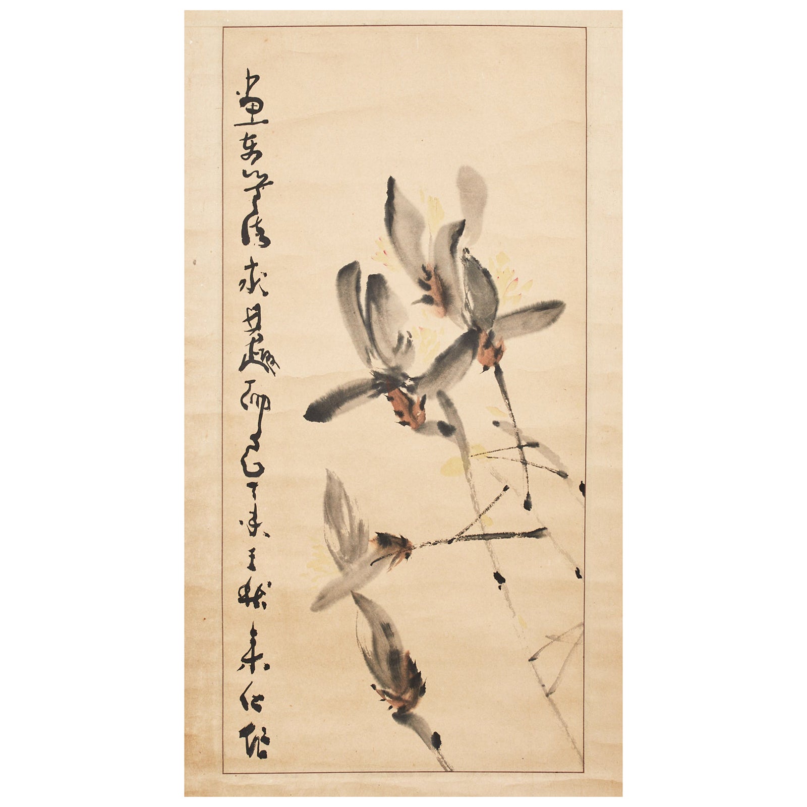 Chinesische Schriftrolle mit Blumenmalerei, signiert und datiert im Angebot