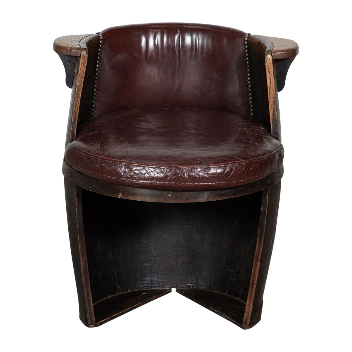 Oak & Leather Whiskey Barrell Chair For Sale