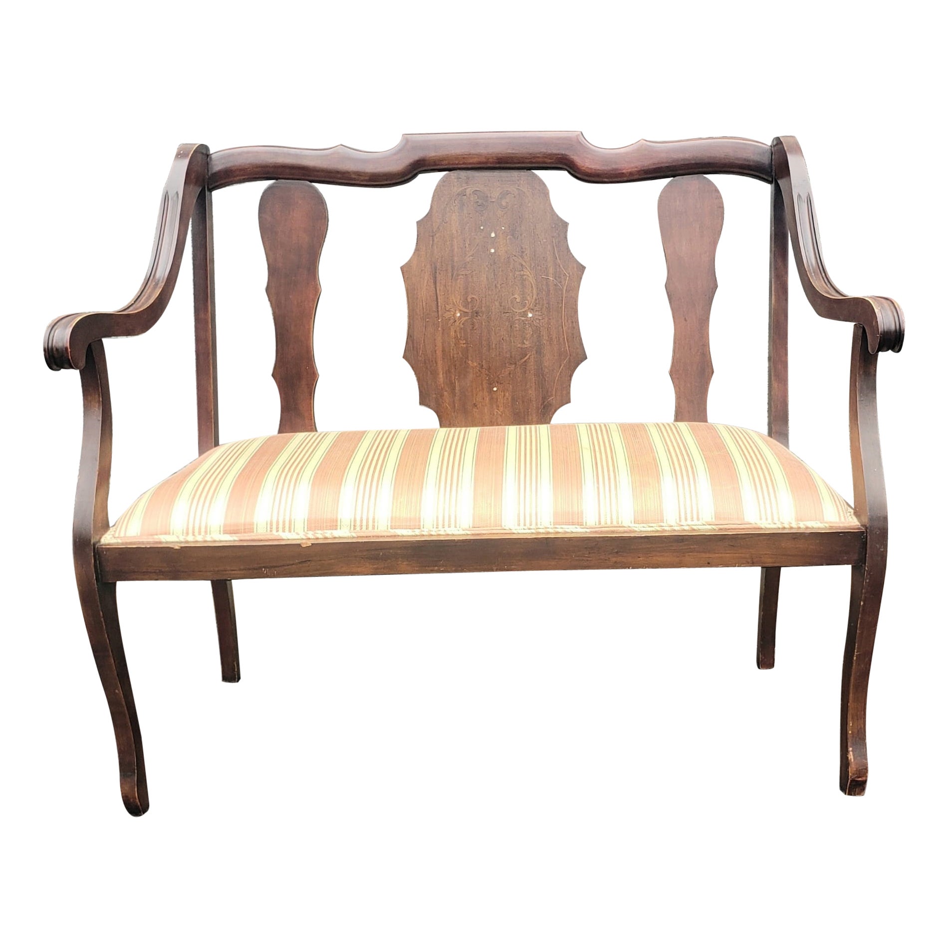 20th Century George III Style Walnut with Inlay and Upholstered Seat Settee For Sale