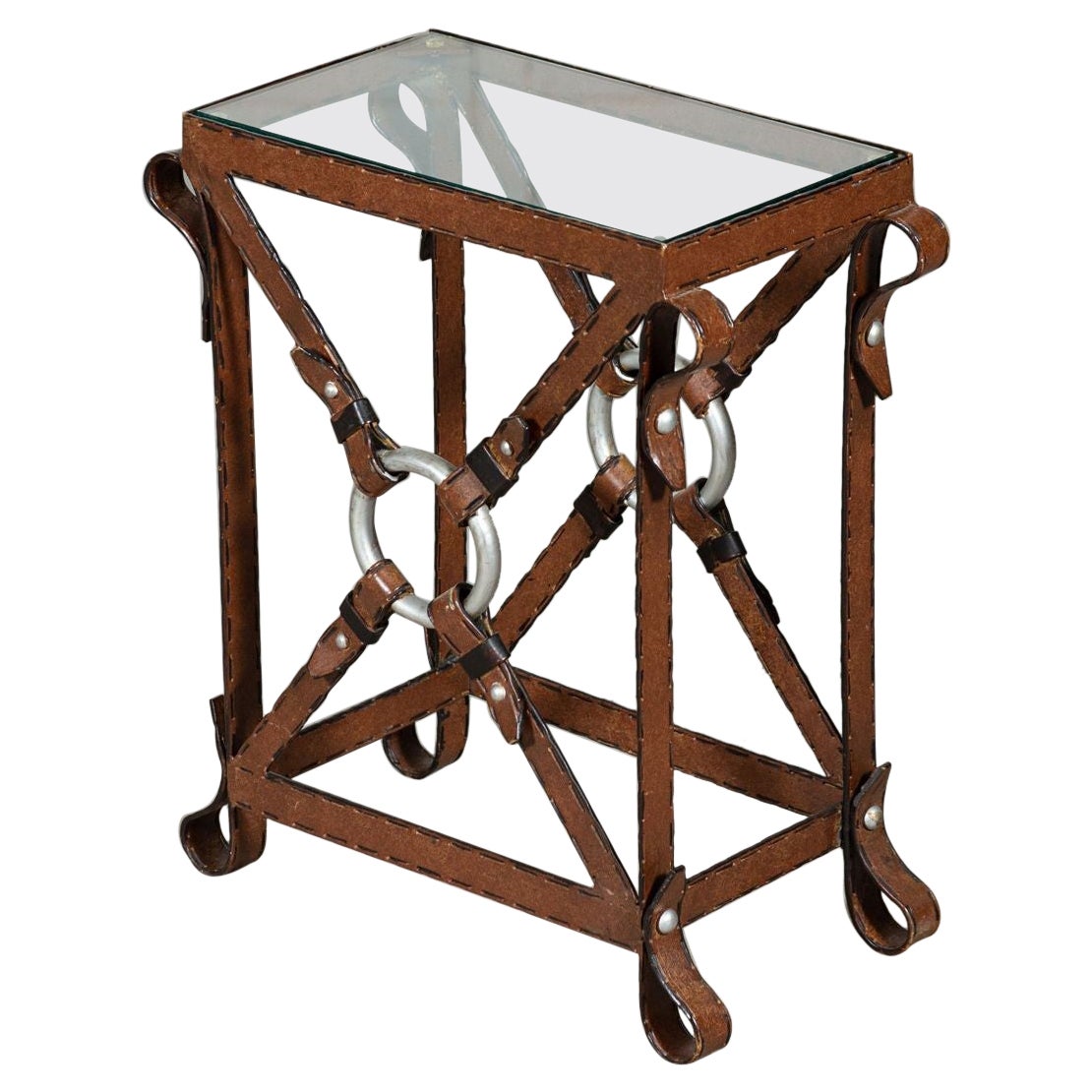 Jacques Adnet Style Iron Faux Leather Side Table For Sale