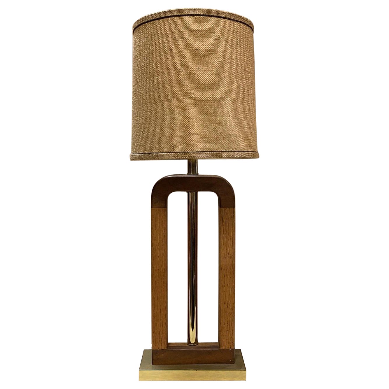 Mid-Century Modern Teak and Brass Table Lamp with Burlap Lamp Shade