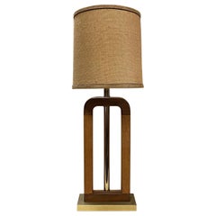 Mid-Century Modern Teak and Brass Table Lamp with Burlap Lamp Shade