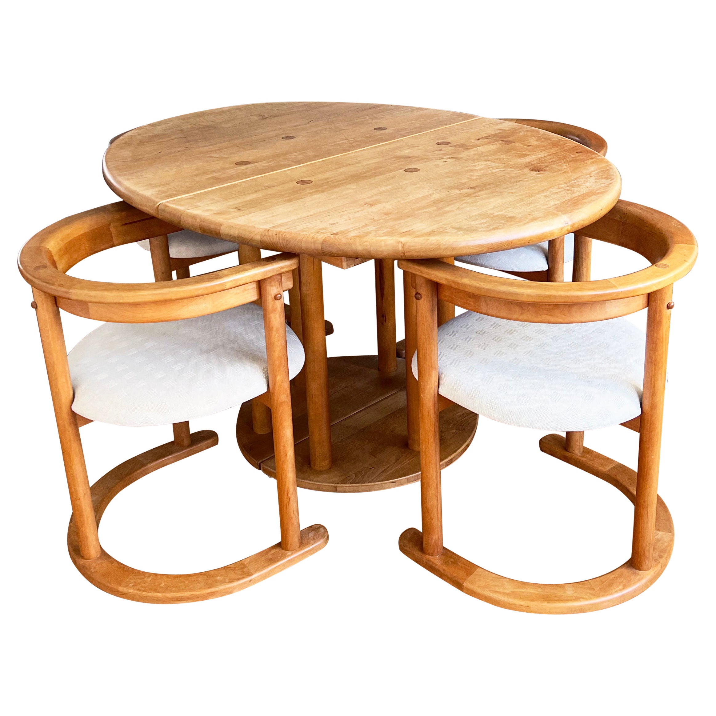 Table de salle à manger ronde post-moderne brutaliste MCM en hêtre + 6 chaises, 9 pièces en vente