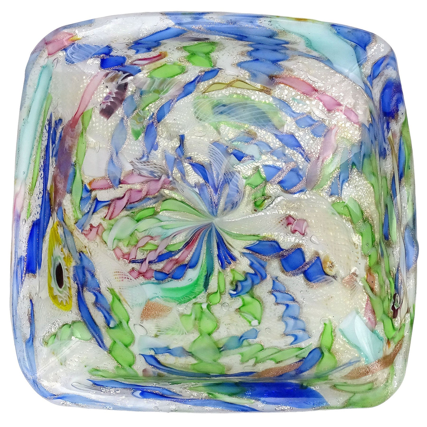 A.Ve.M. Murano White Millefiori Flower Silver Flecks Italian Art Glass Bowl
