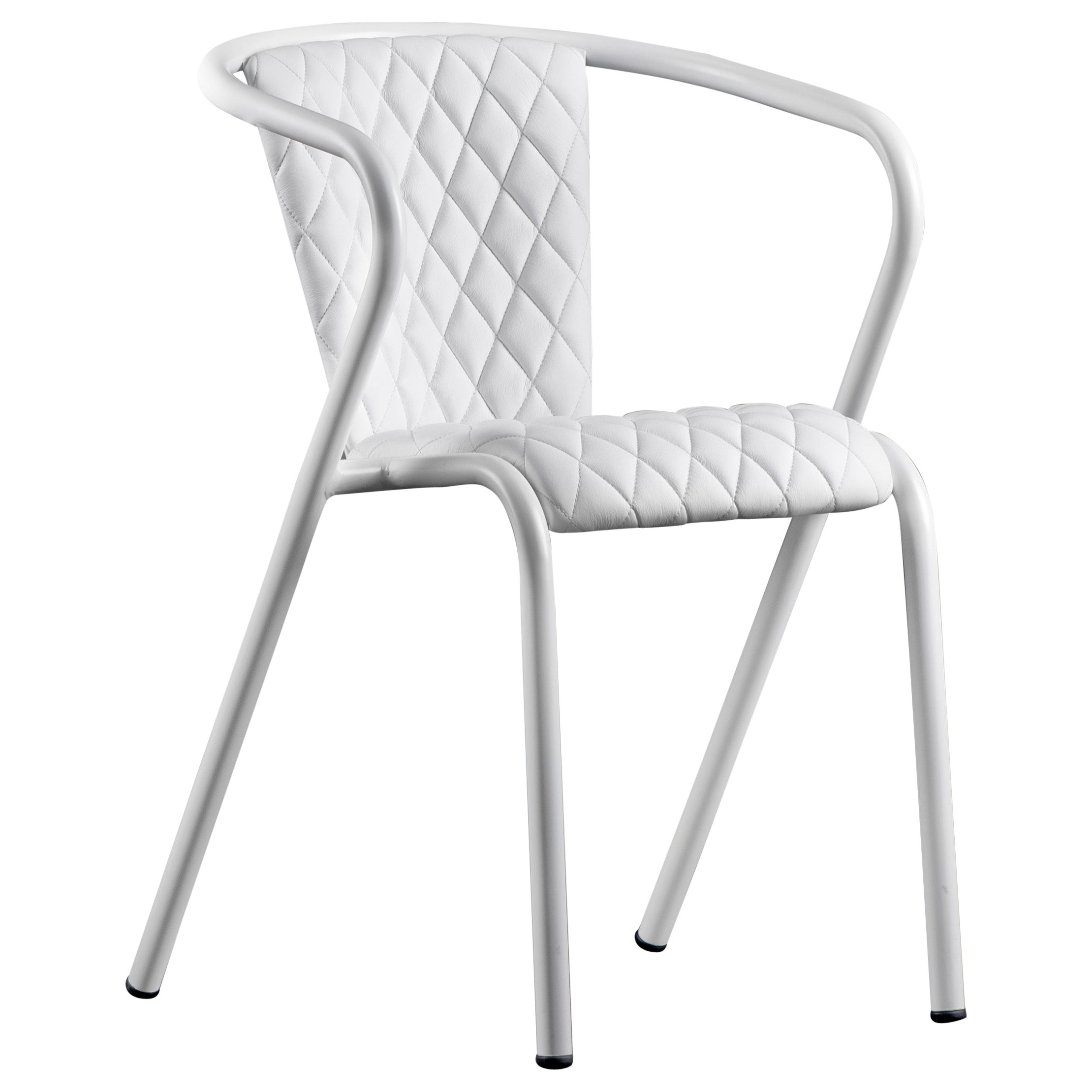 Bicachair Modern Steel Armchair Signal White, Upholstery in Natural Leather For Sale