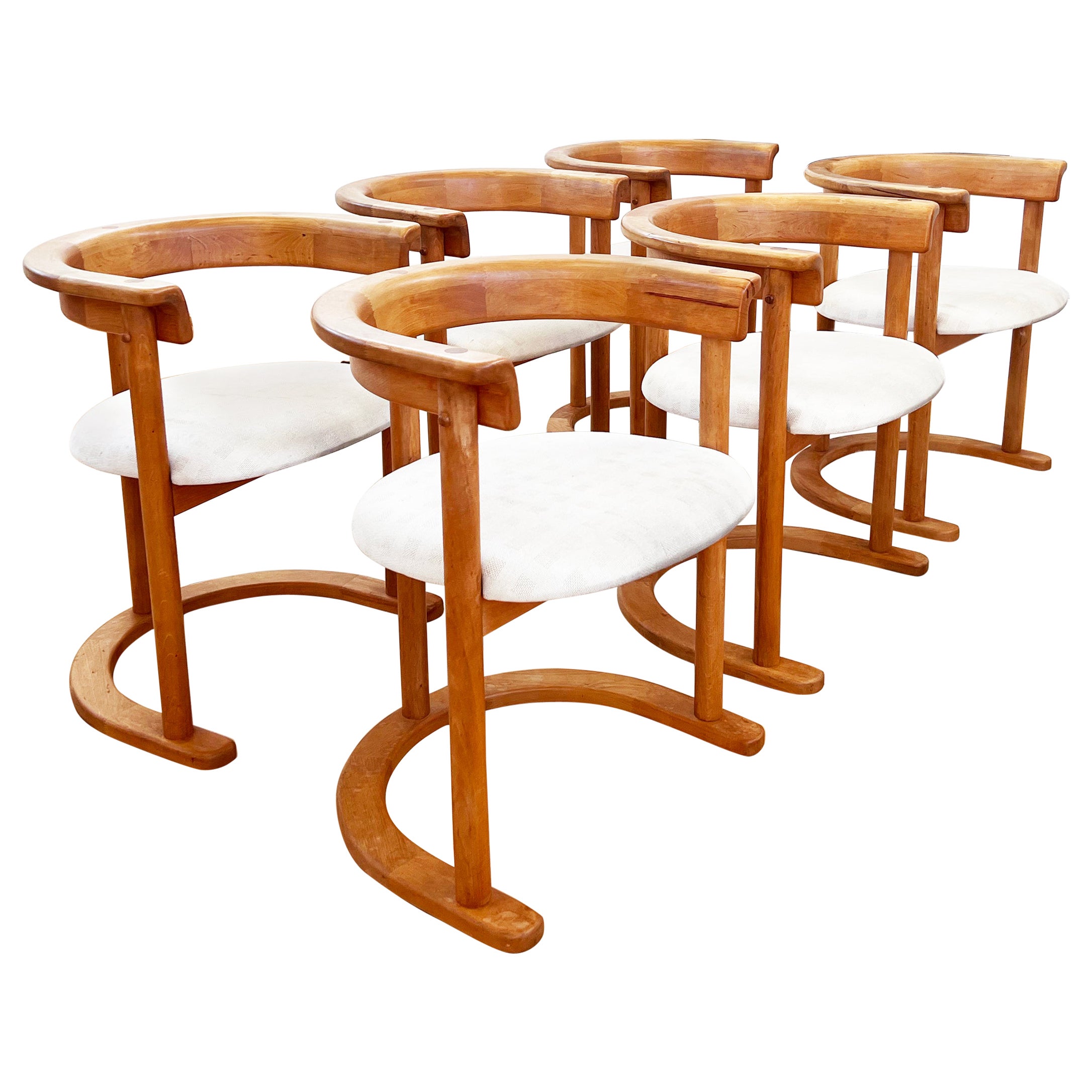 Round Post Modern 1980s Brutalist Mcm Beech Dining Chairs, Set of 6