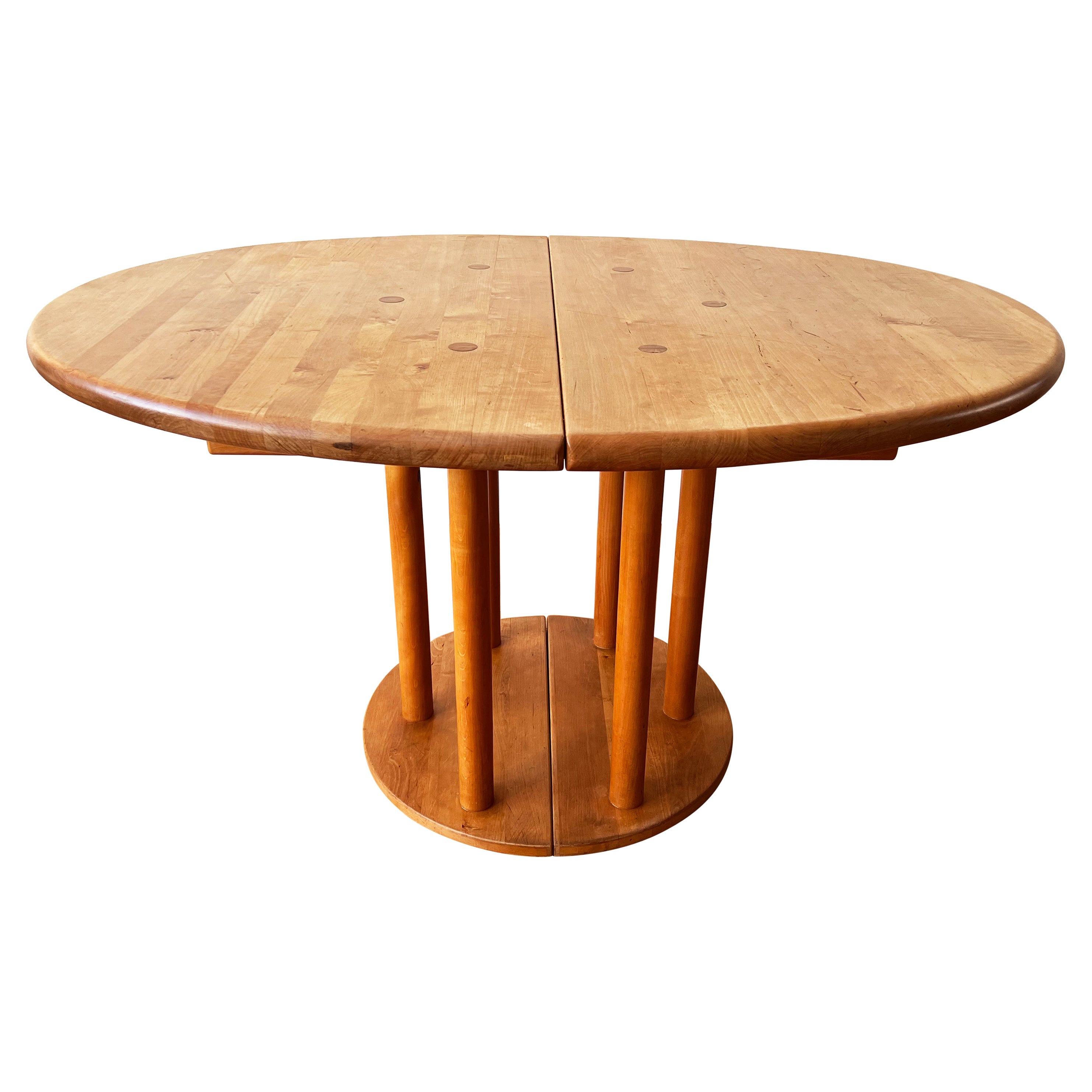 Round Post Modern Brutalist MCM Beech Extendable Dining Table + Leaf For Sale