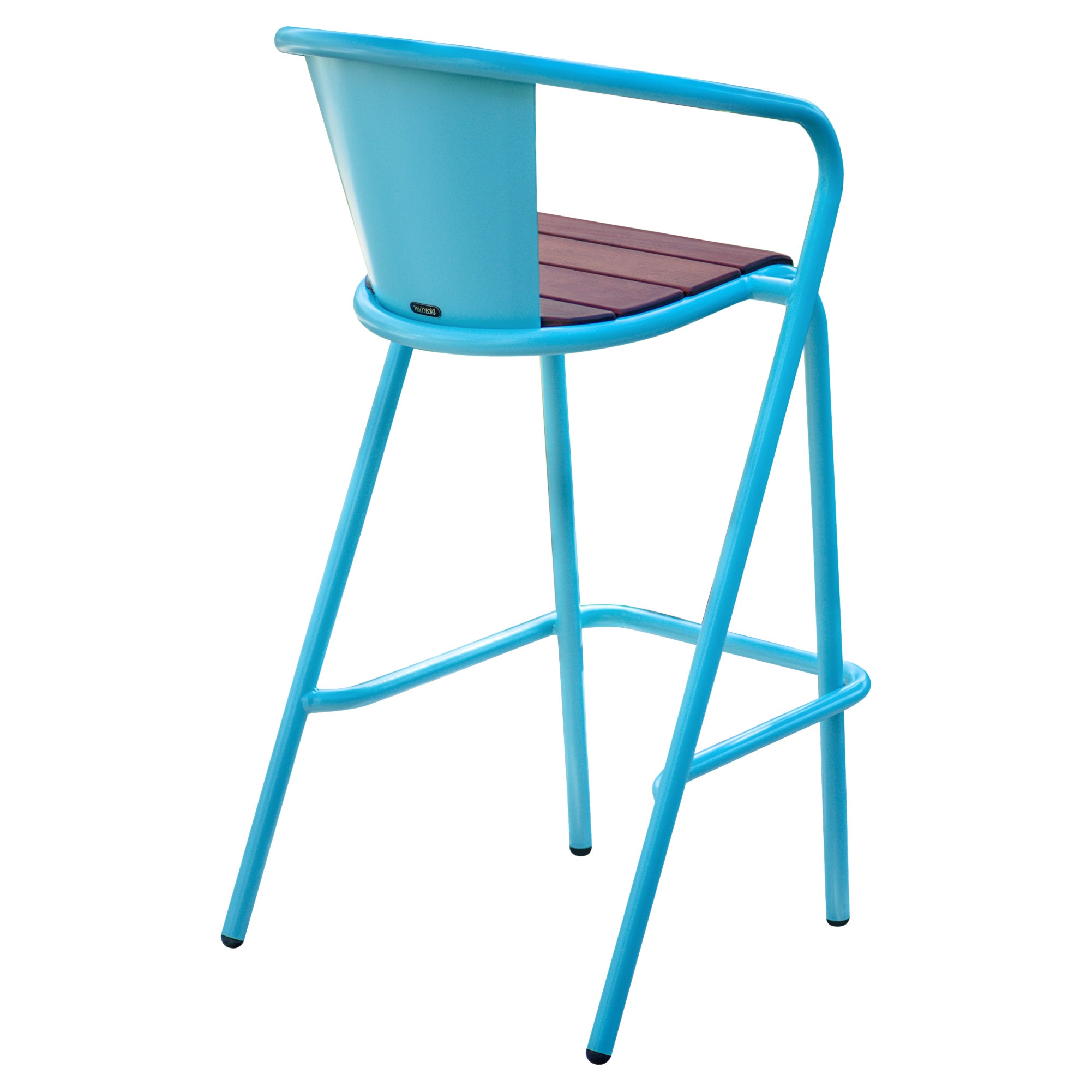 BICAstool Modern Outdoor Steel High Stool Chair Turquoise with Ipê Wood Slabs For Sale
