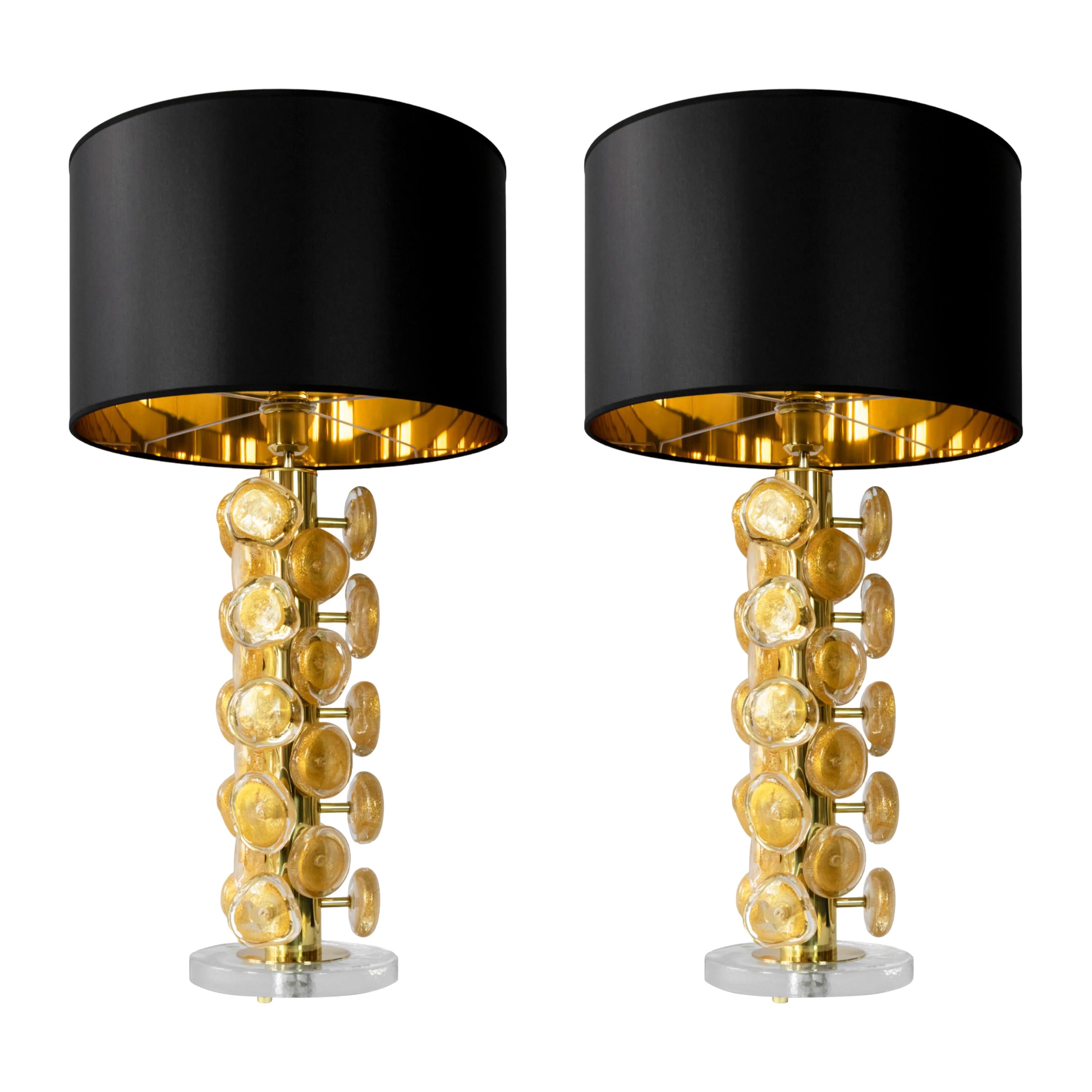 Pair of Italian Table Lamps in Brass and Murano Glass For Sale