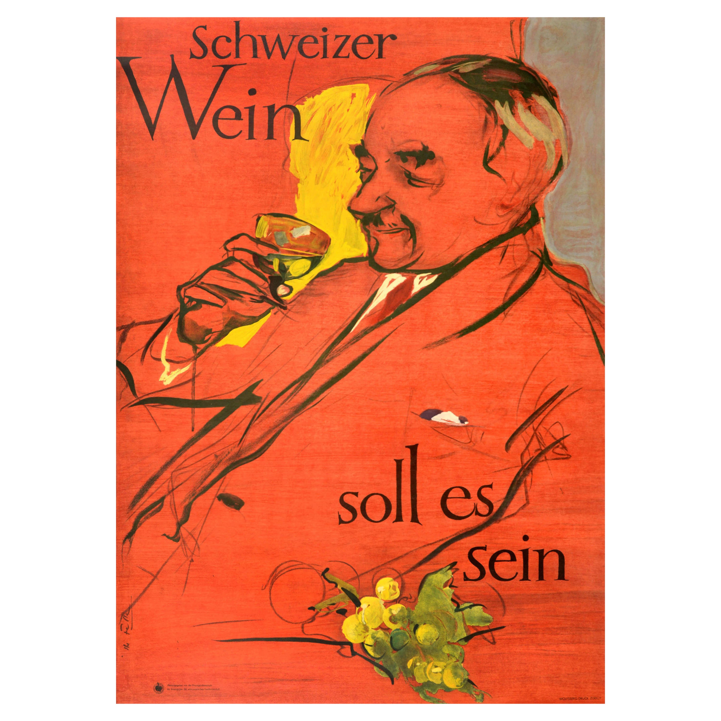 Poster originale d'epoca sul vino svizzero Schweizer Wein Soll Es Sein Svizzera Drink in vendita
