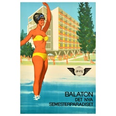 Affiche rétro originale de voyage Ibusz Balaton, Hongrie, Nouvelle station balnéaire de vacances