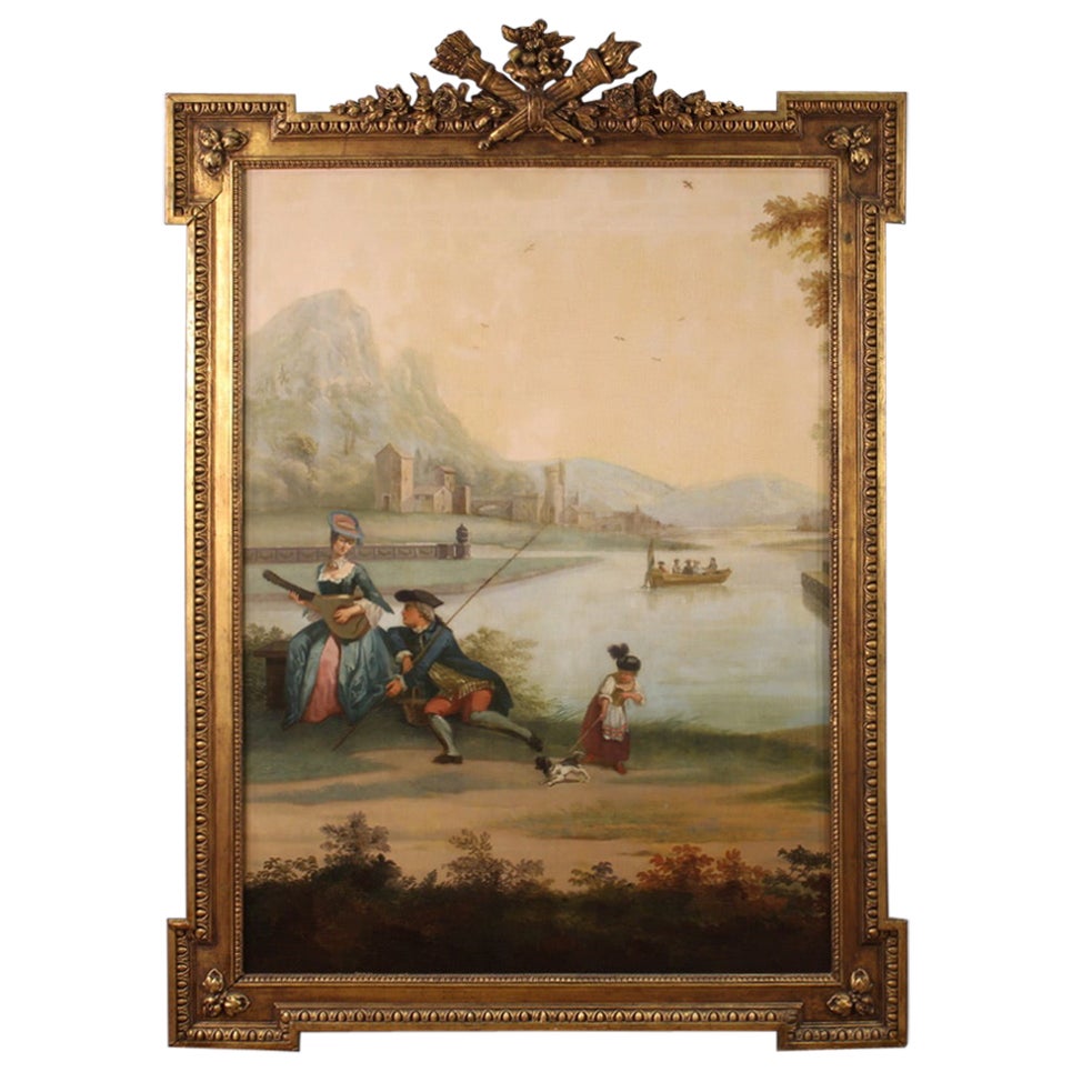 18th Century Oil on Canvas Dutch Antique Gallant Scene Landscape Painting 1770