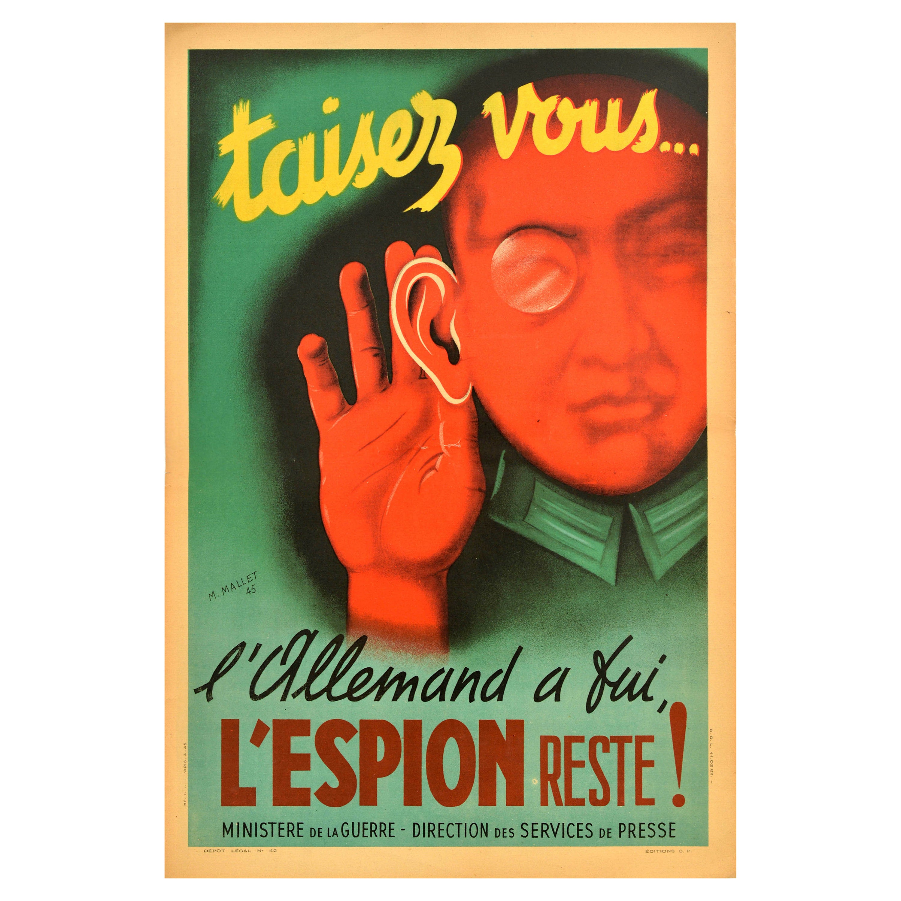Original Vintage Poster Taisez Vous Be Quiet Spies Remain Post WWII Occupation For Sale