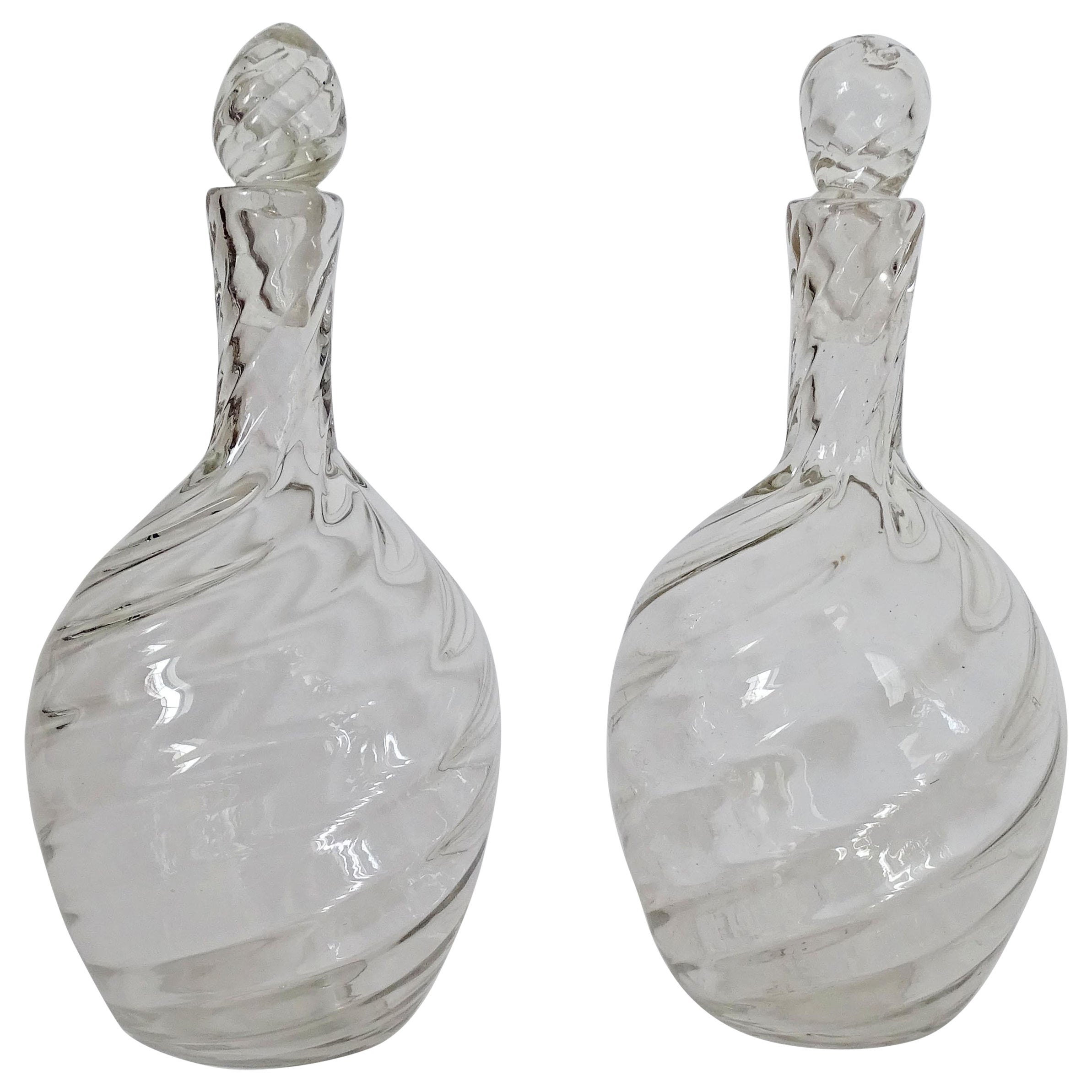 Pair of Italian Murano Glass Decanters in Swirling Glass and Six Glasses For Sale