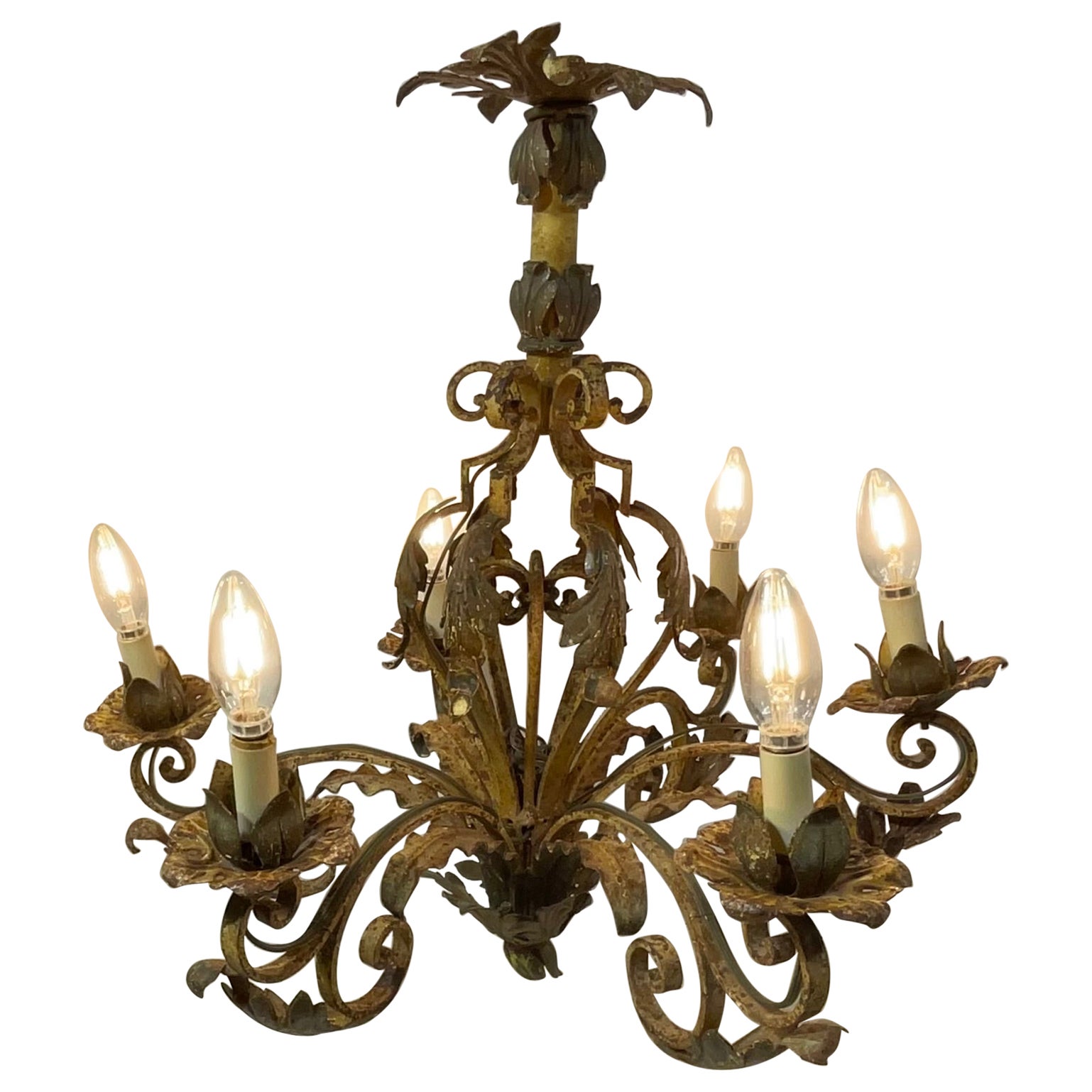 Ornate Wrought Iron Mizner Style Chandelier For Sale