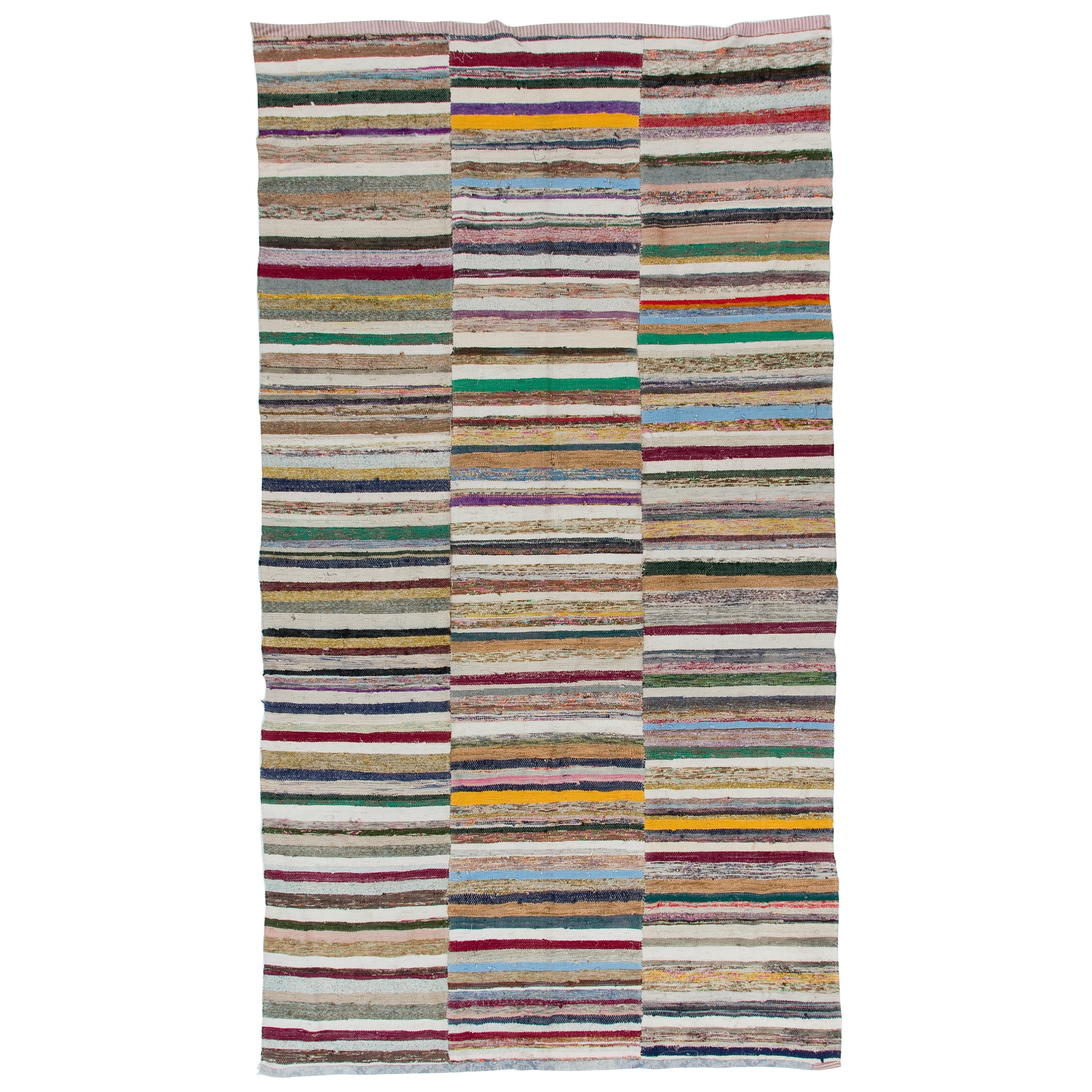 Colorful Vintage Banded Cotton Kilim, Flat-Weave Rag Rug, Adjustable