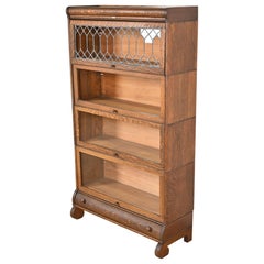 Antique Arts and Crafts Oak Four-Stack Barrister Bookcase with Leaded Glass by Lundstrom