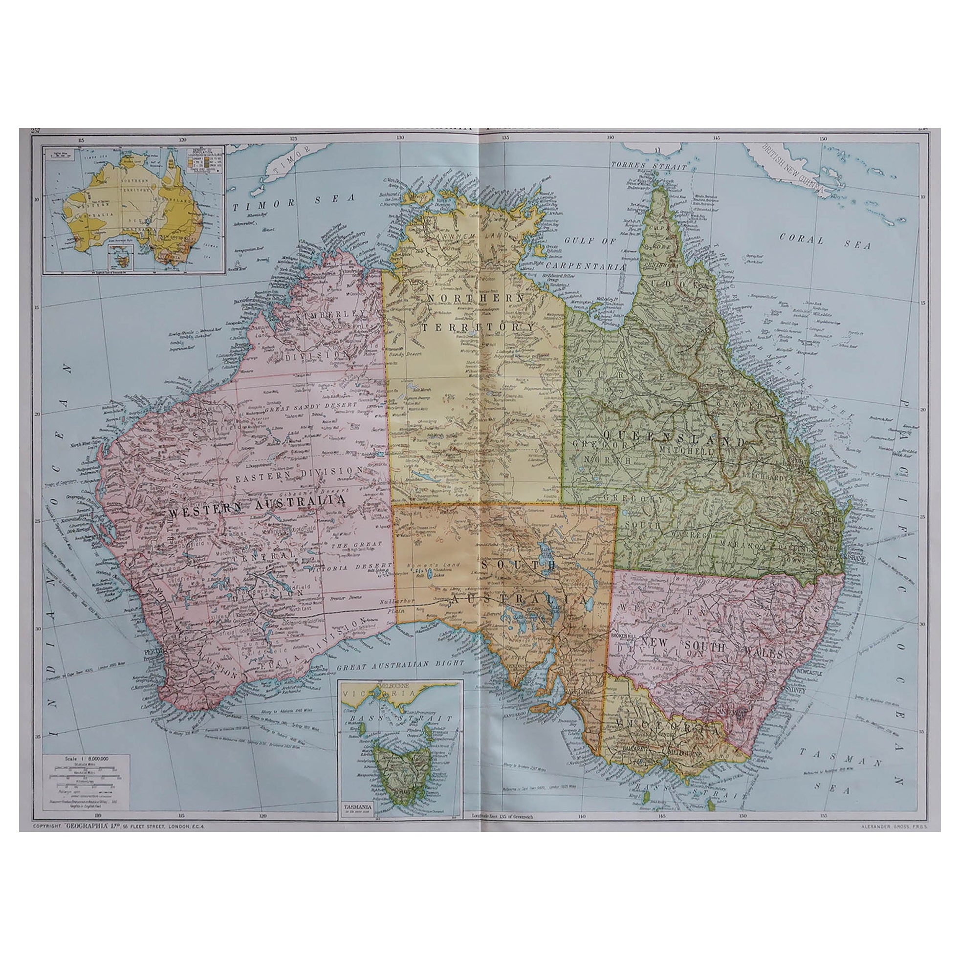 Large Original Vintage Map of Australia, circa 1920 For Sale