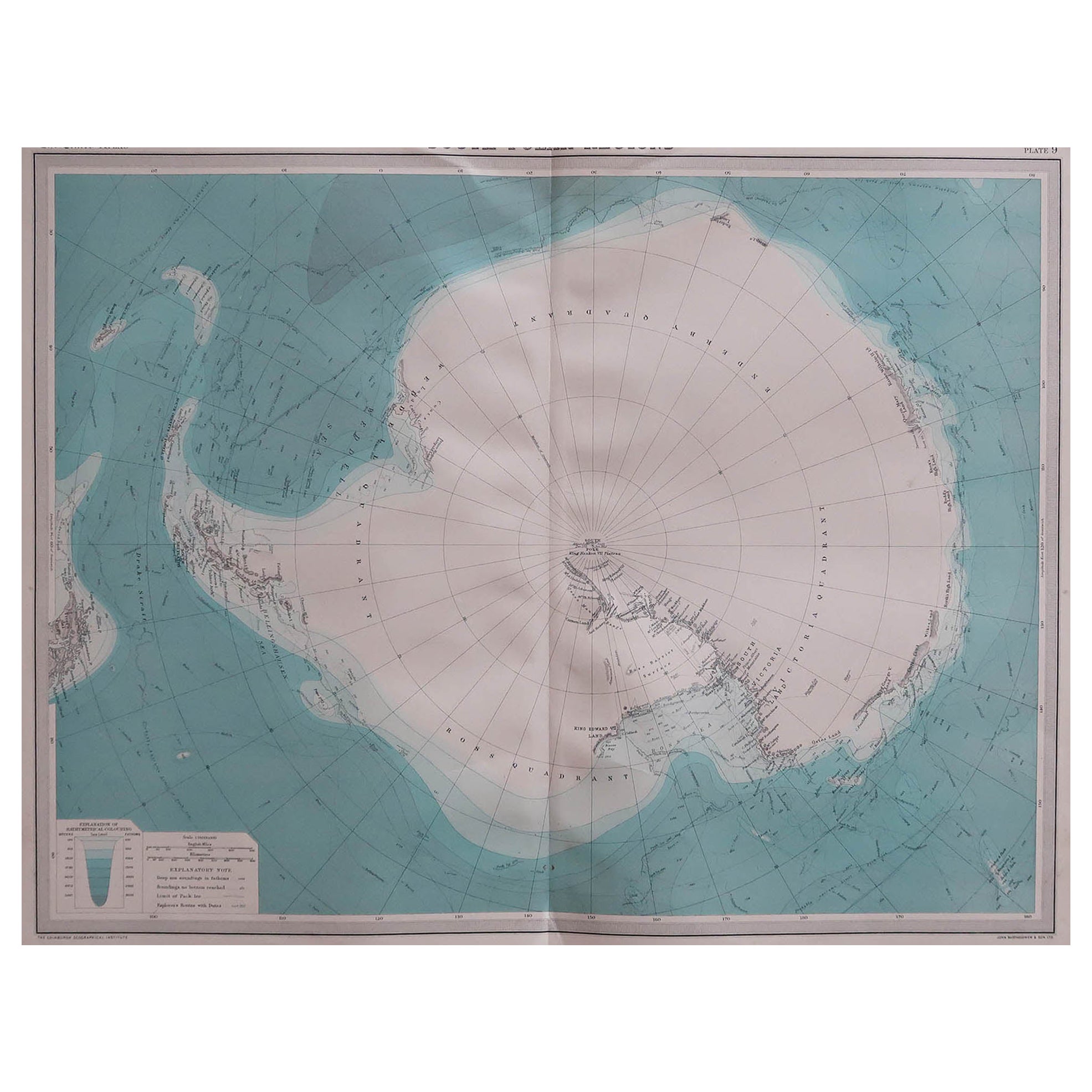 Large Original Vintage Map of the South Pole, circa 1920
