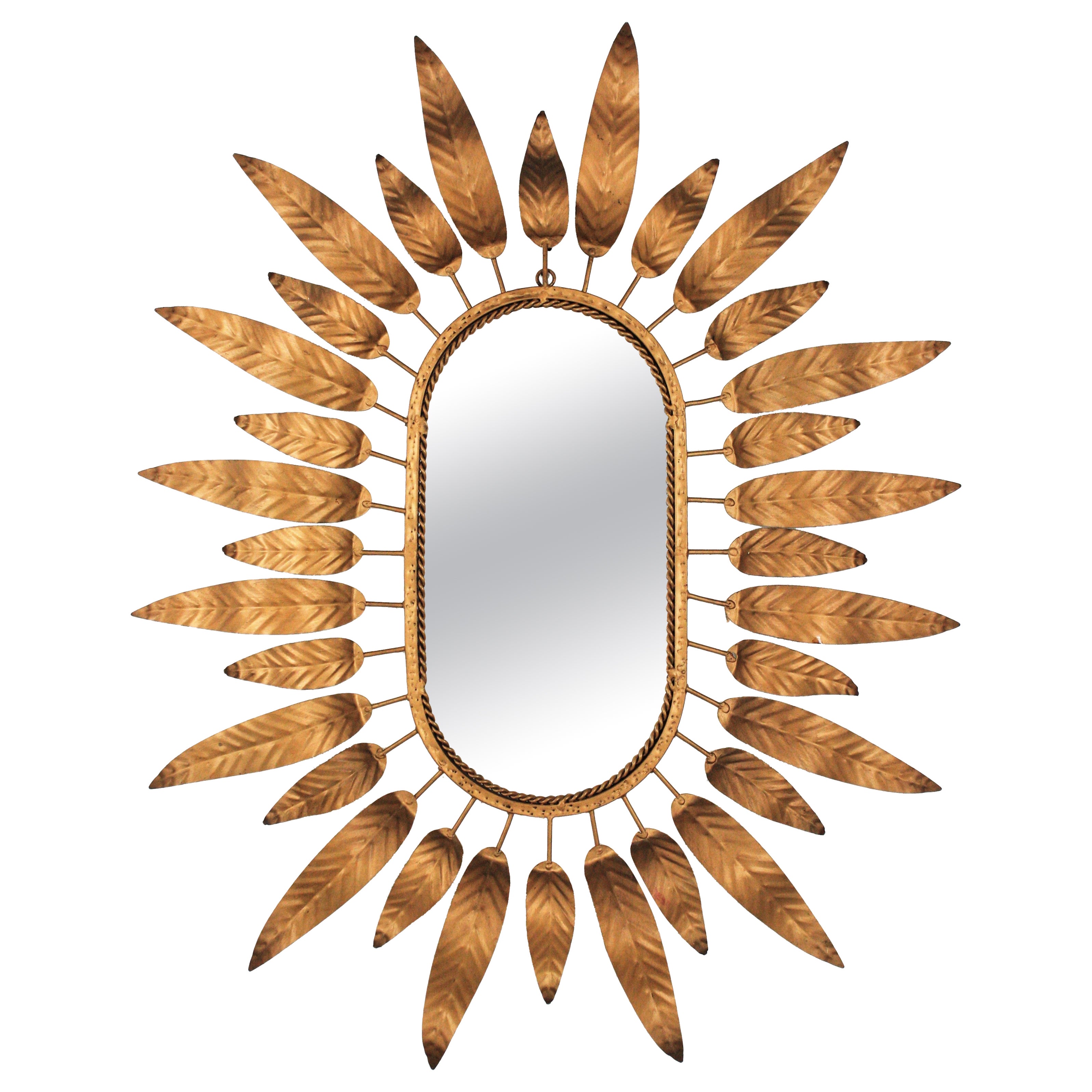 Sunburst Oval Mirror in Gilt Metal with Foliage Frame