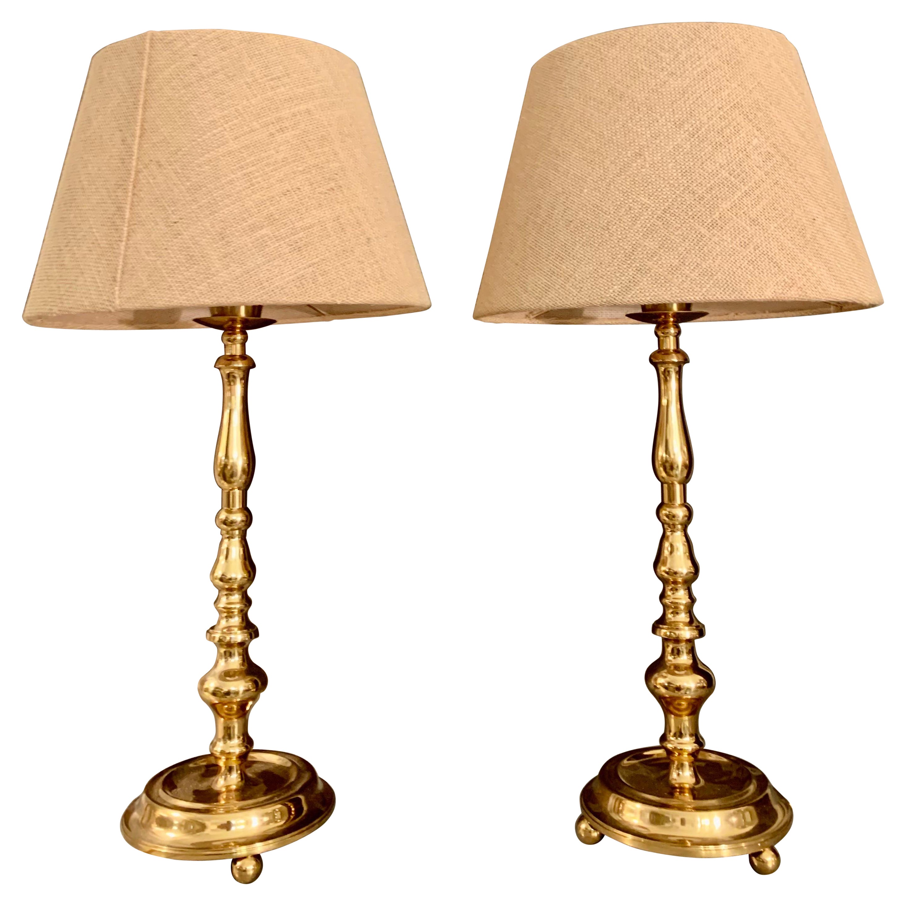 Pair Polished Vintage Midcentury Brass Table Lamps For Sale