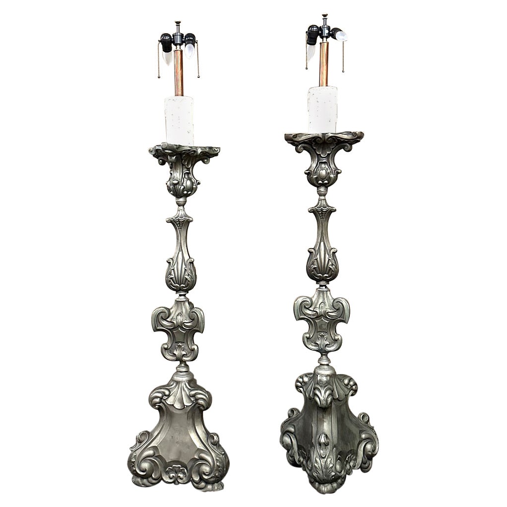 Pair Antique Solid Pewter Baroque Style Candlestick Floor Lamps For Sale