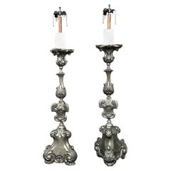 Pair Antique Solid Pewter Baroque Style Candlestick Floor Lamps