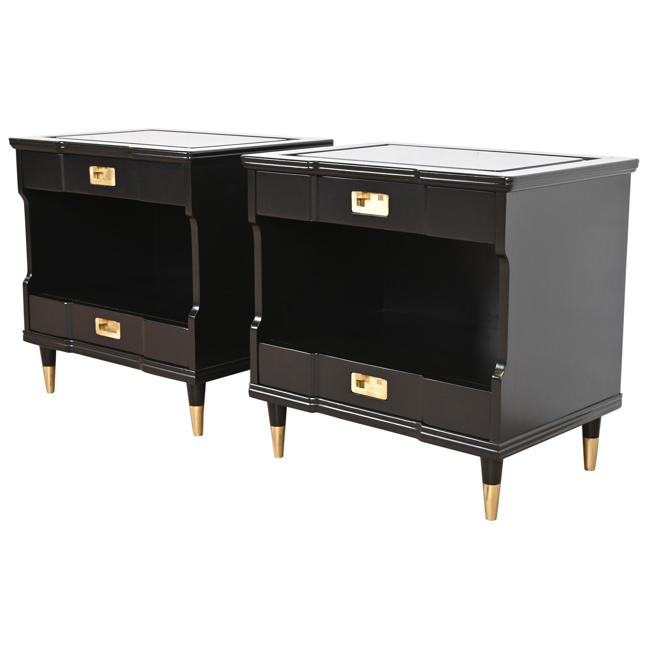 John Widdicomb Mid-Century Modern Black Lacquered Nightstands, Newly Refinished For Sale
