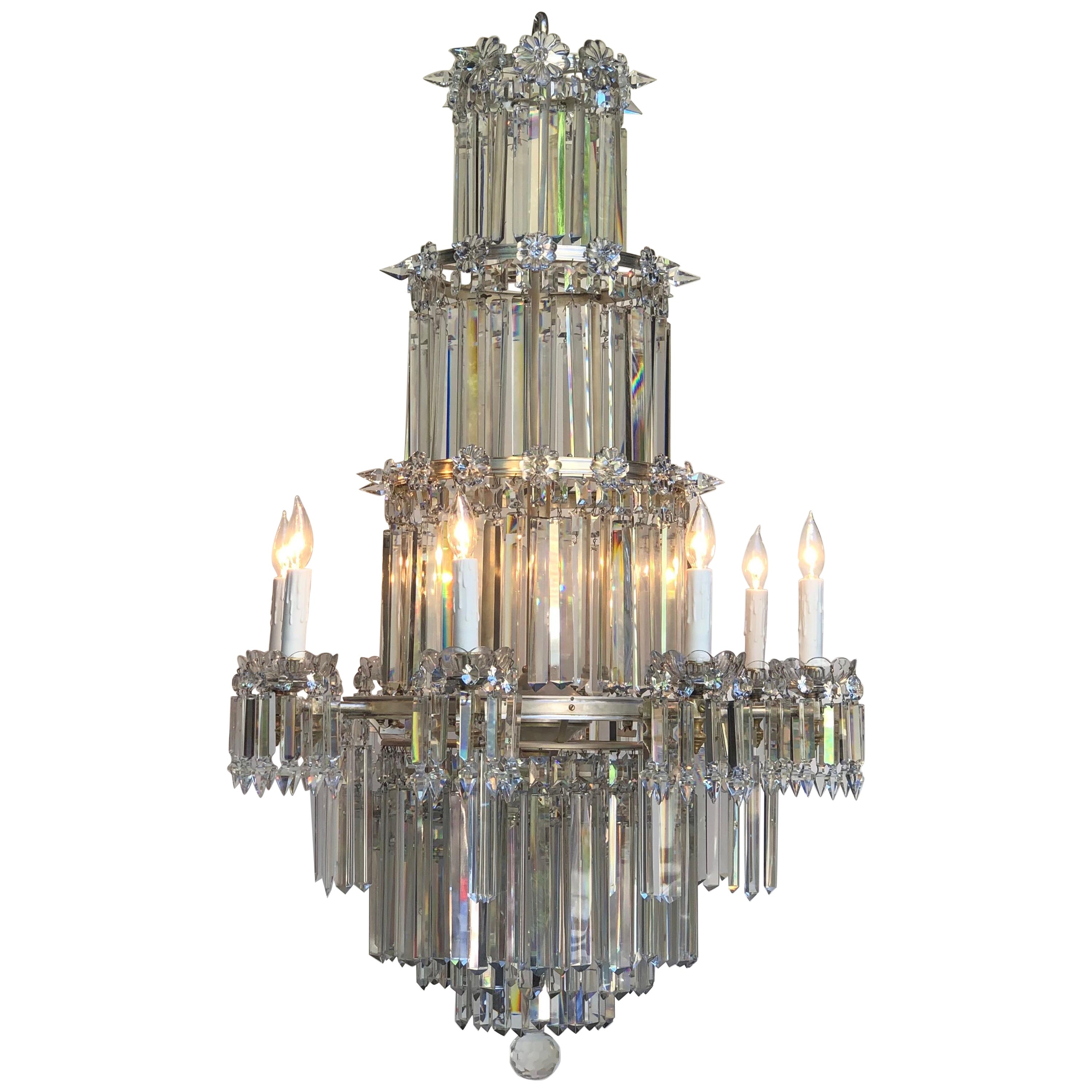 19th C. English Regency Waterfall Silver Plate & Crystal Chandelier / Gasolier