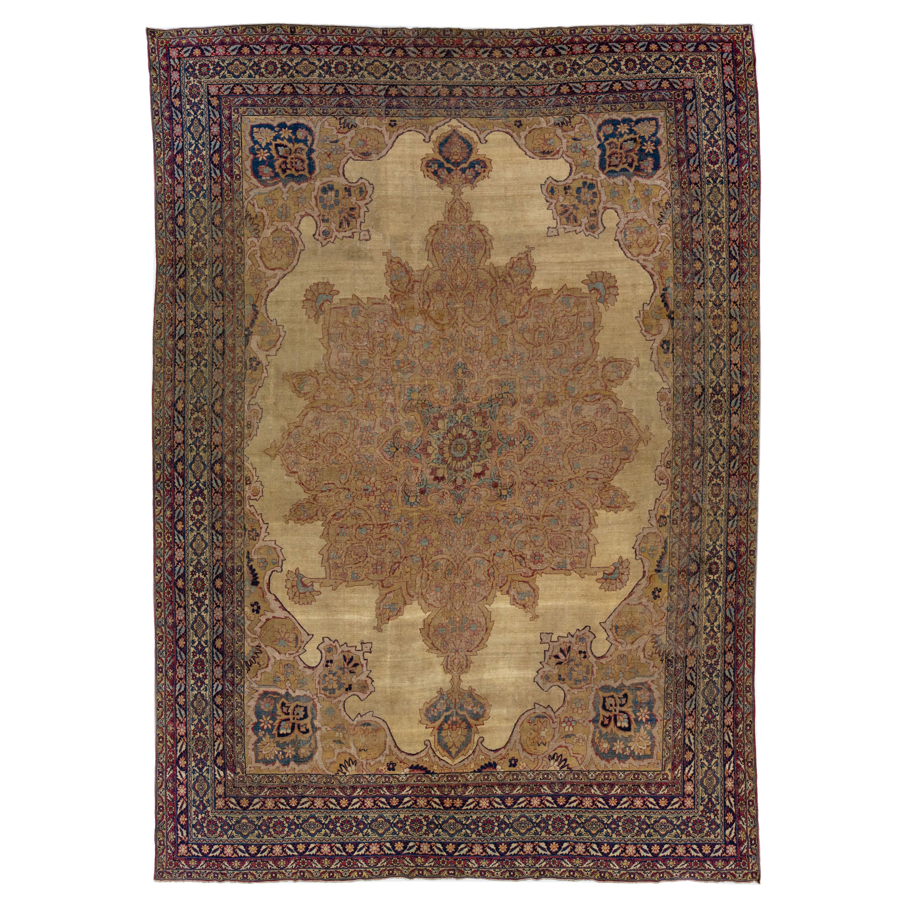 1880s Persian Kerman Wool Rug with Medallion Design in Tan For Sale