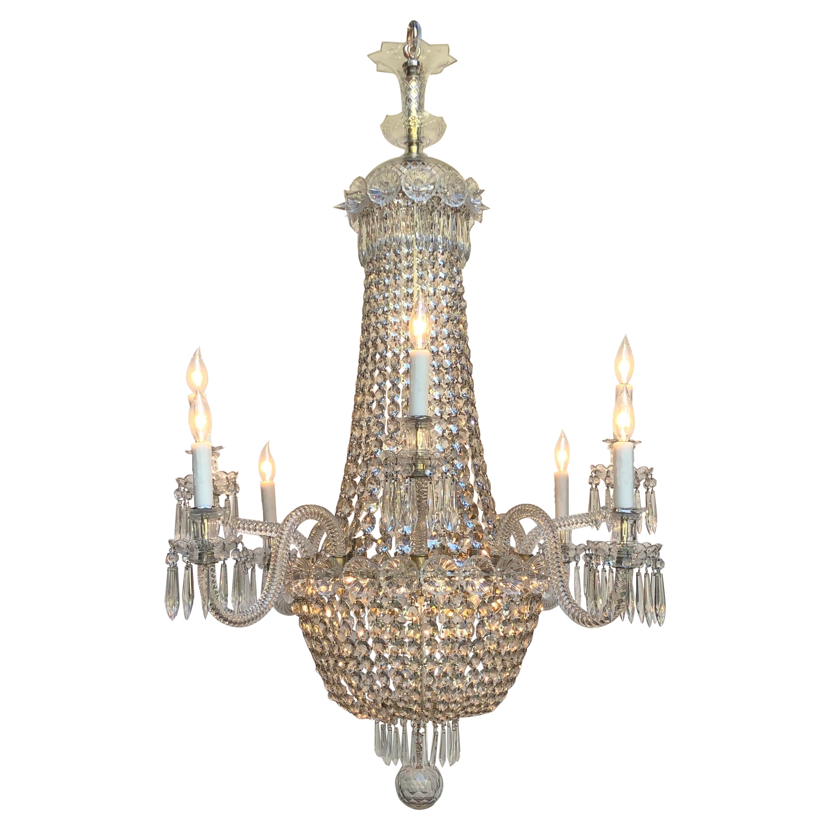 Regency Tent-and-Basket Silver Plate & Crystal Chandelier / Gasolier Eight Light For Sale