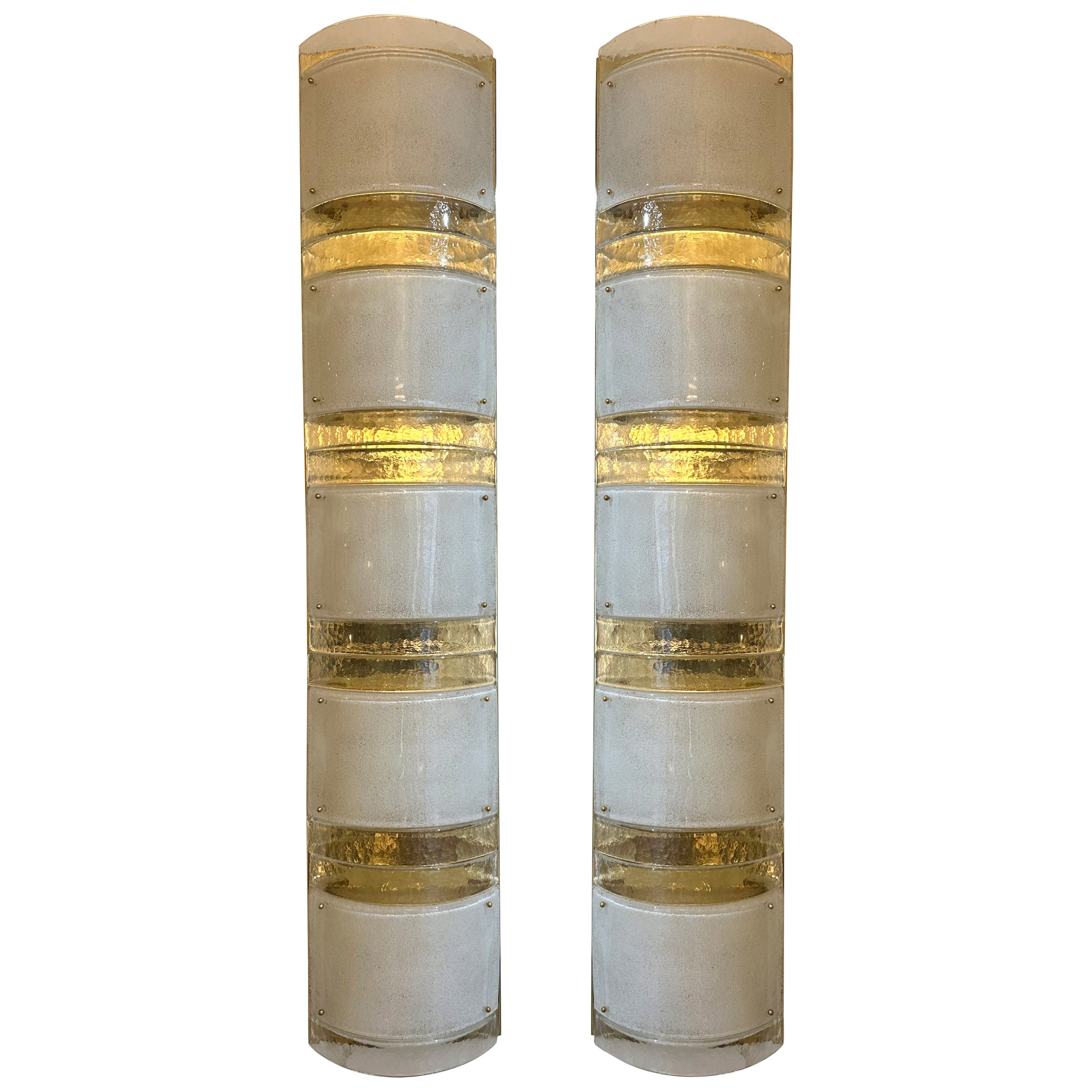 Large Contemporary Pair of Brass and White Stripe Murano Glass Sconces, Italy