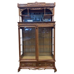 Antique Eastlake Ornate Carved Walnut Double Glass-Door Bookcase Display Cabinet