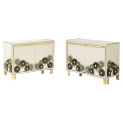 Pair of Brass and Ivory Murano Glass with Glass Discs Sideboards, Italy, 2023