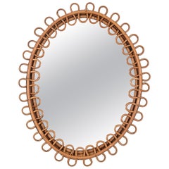 Midcentury French Riviera Rattan and Bamboo Italian Oval Mirror, 1960s