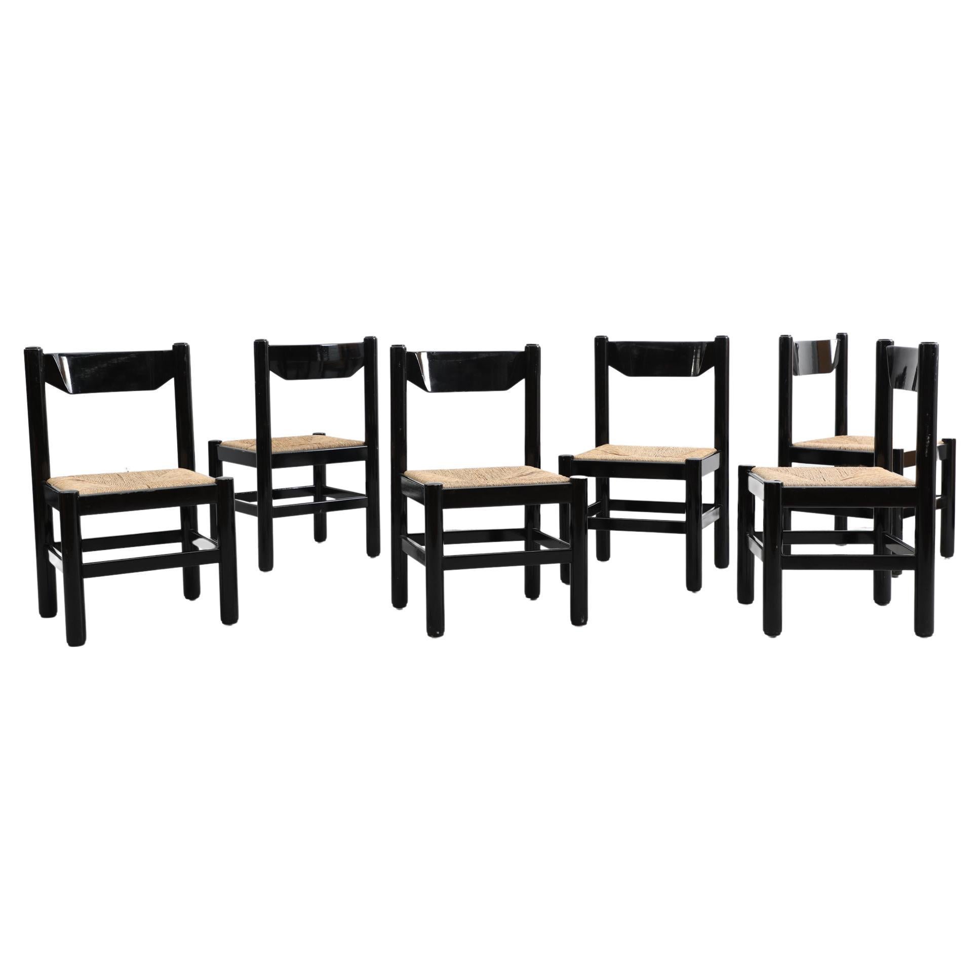 Set of 6 Vico Magistretti Style Black Lacquered Chairs with Rush Seating