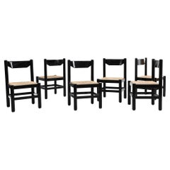 Set of 6 Vico Magistretti Style Black Lacquered Chairs with Rush Seating