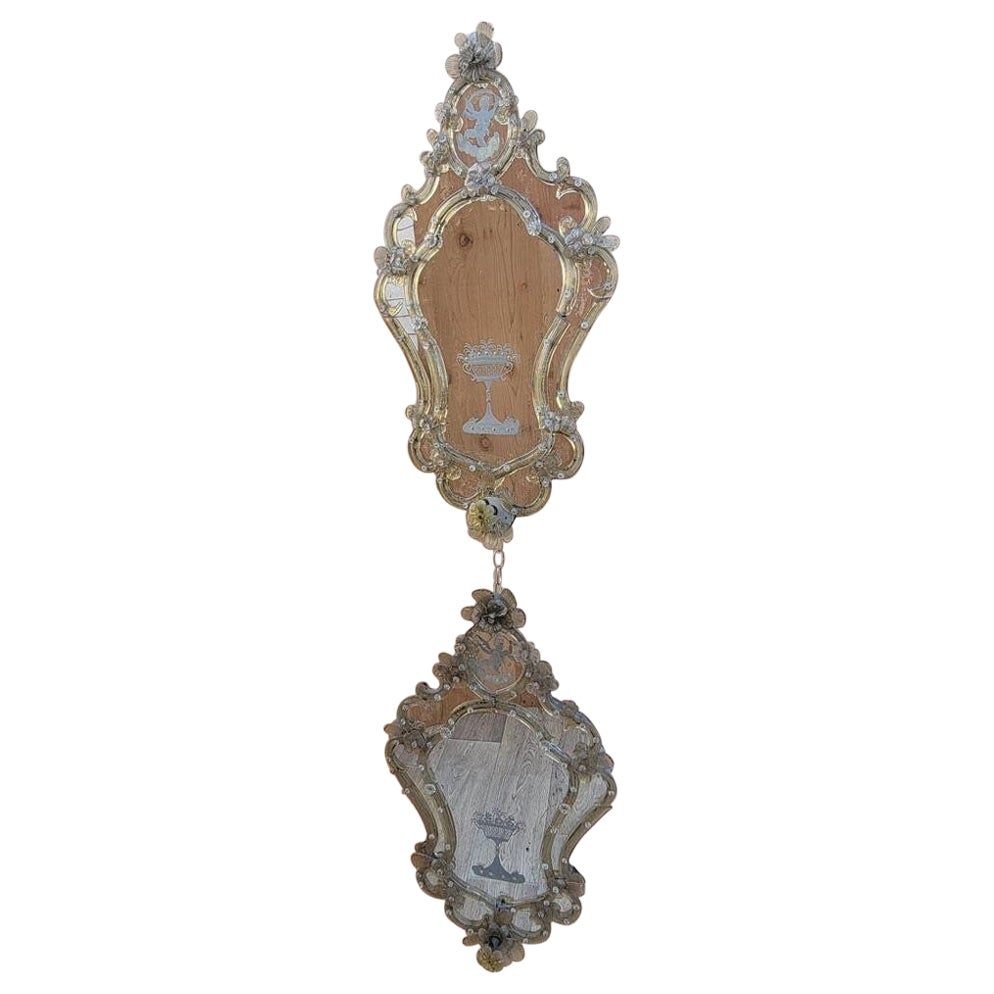Antique Rare Italian Venetian Etched Floral Glass Wall Mirror, Set of 2 For Sale