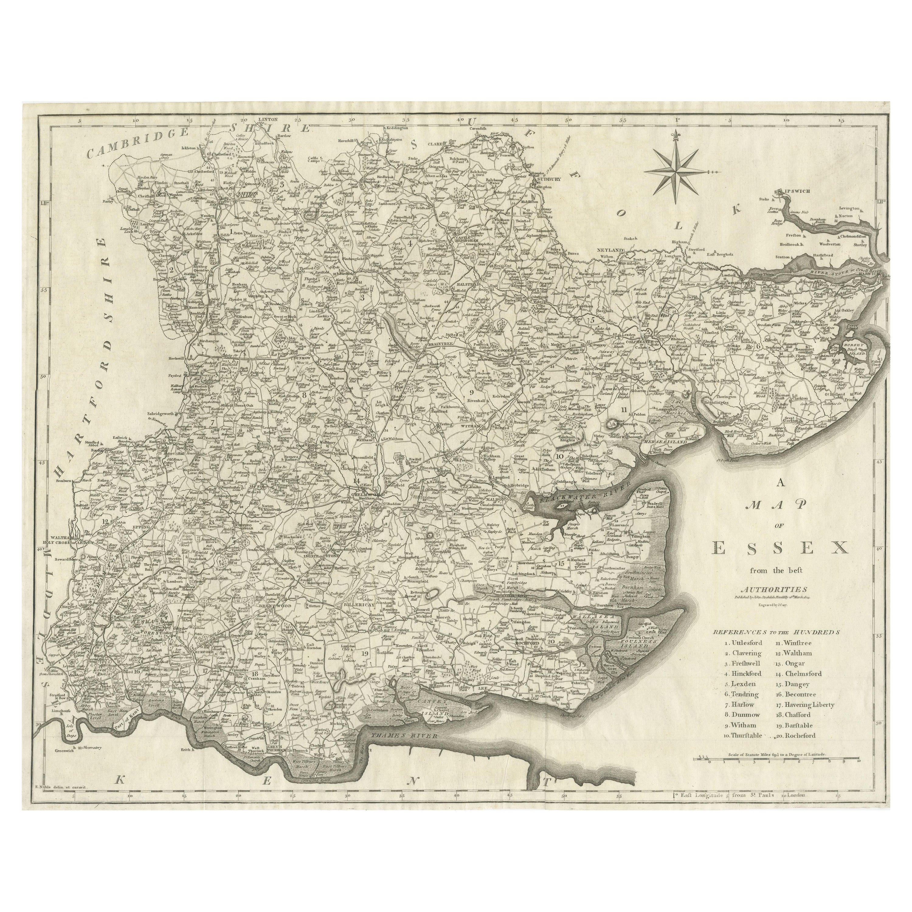 Grande carte ancienne du comté d'Essex, Angleterre en vente