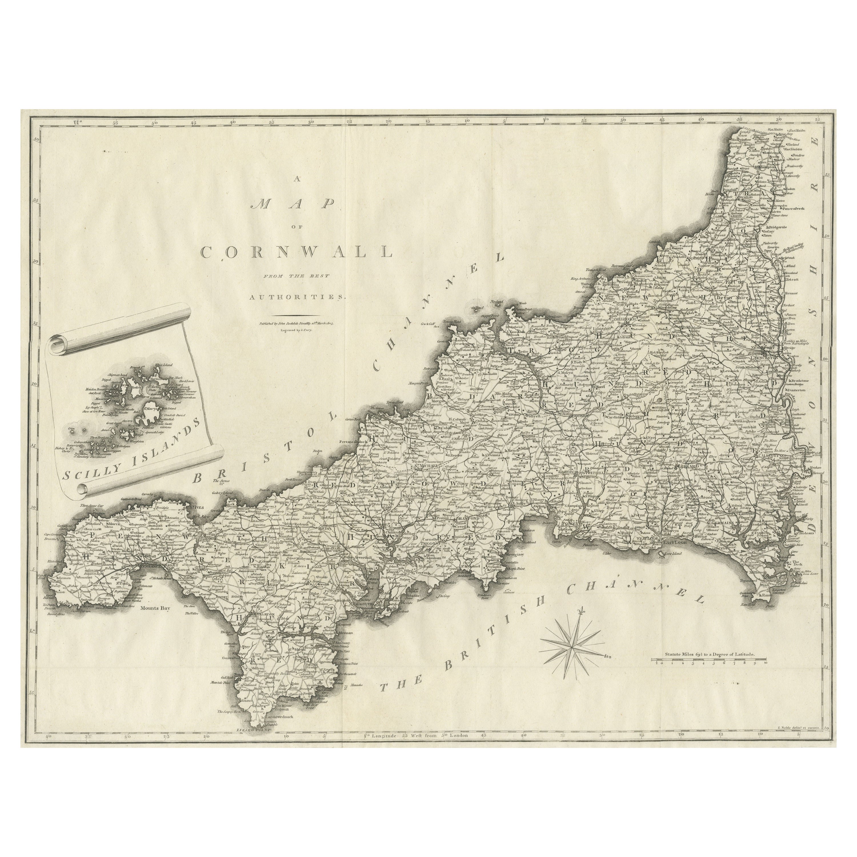 Große antike Grafschaftskarte von Cornwall und den Inseln von Scilly, England