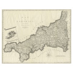 Gran Mapa Antiguo del Condado de Cornualles y las Islas de Scilly, Inglaterra