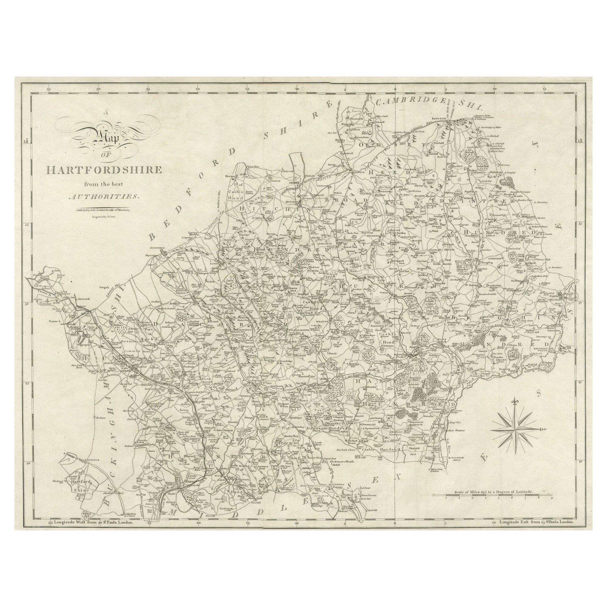 Large Antique County Map of Hertfordshire, England For Sale