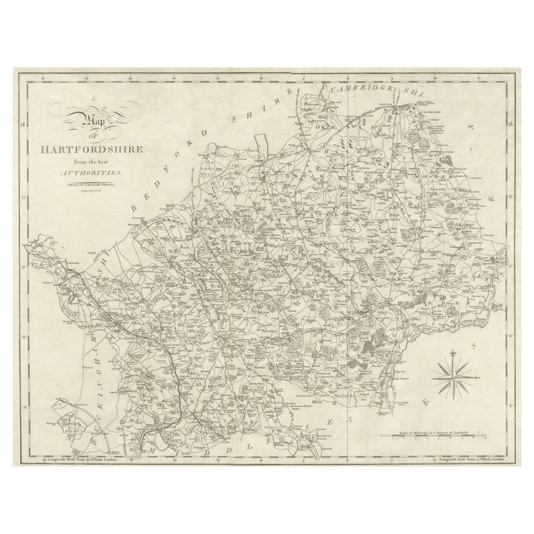 Large Antique County Map of Hertfordshire, England For Sale at 1stDibs