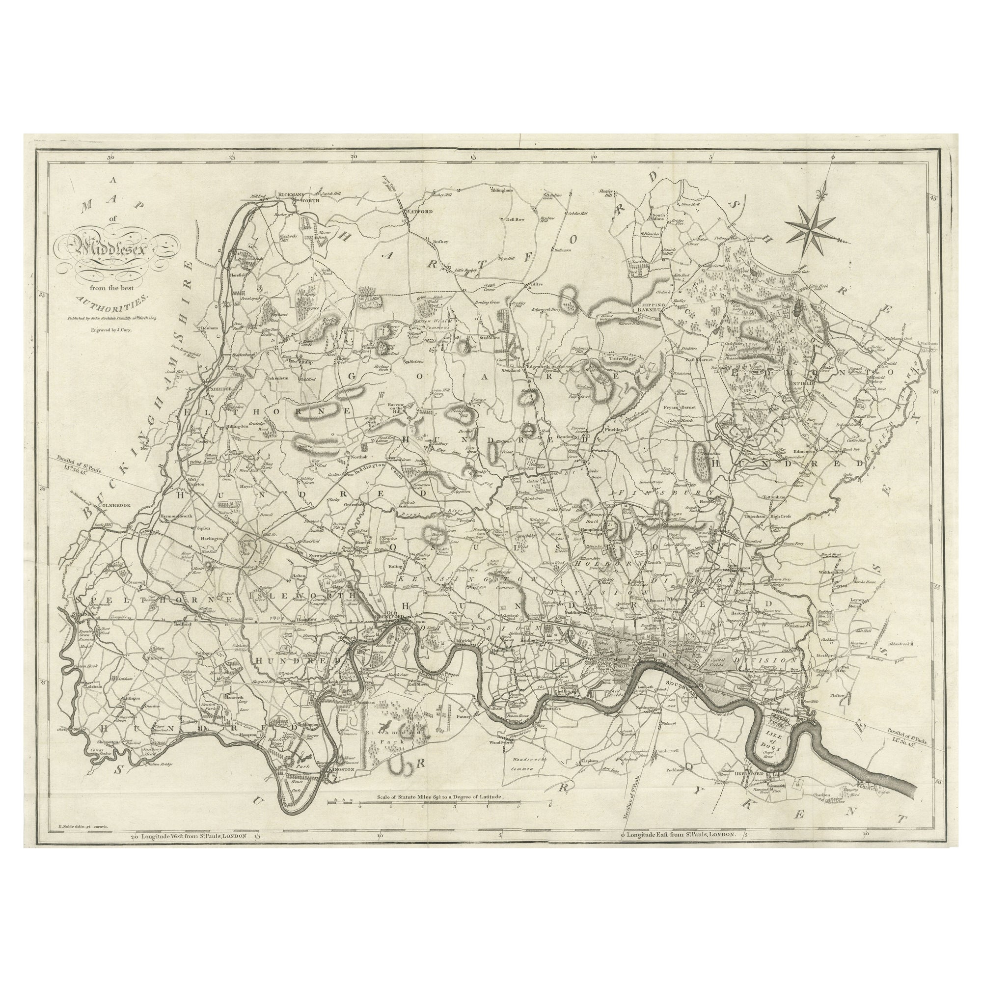 Large Antique County Map of Middlesex, England For Sale