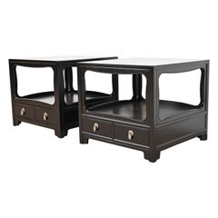 Michael Taylor for Baker Far East Collection Black Lacquered Nightstands, Pair